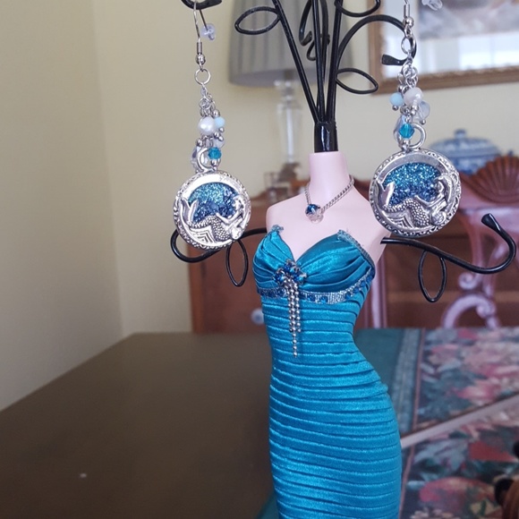 Blue druzy Mermaid Dangle drop Earrings Hypoallergenic Stainless Steel J Hooks - Picture 6 of 10